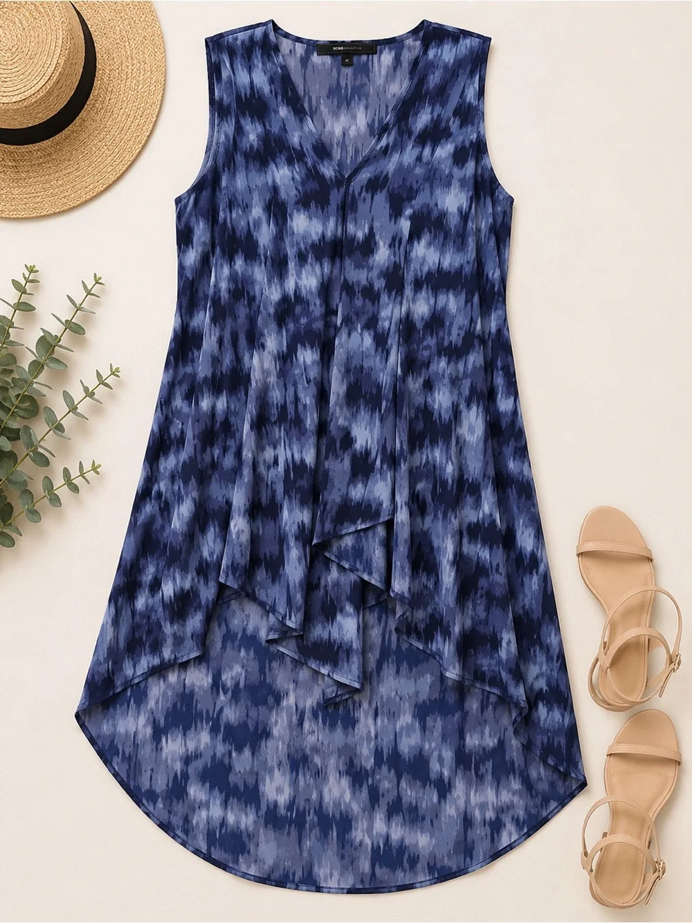 BCBGMAXAZRIA Blue Watercolor High Low Sleeveless Chiffon Dress Size L
